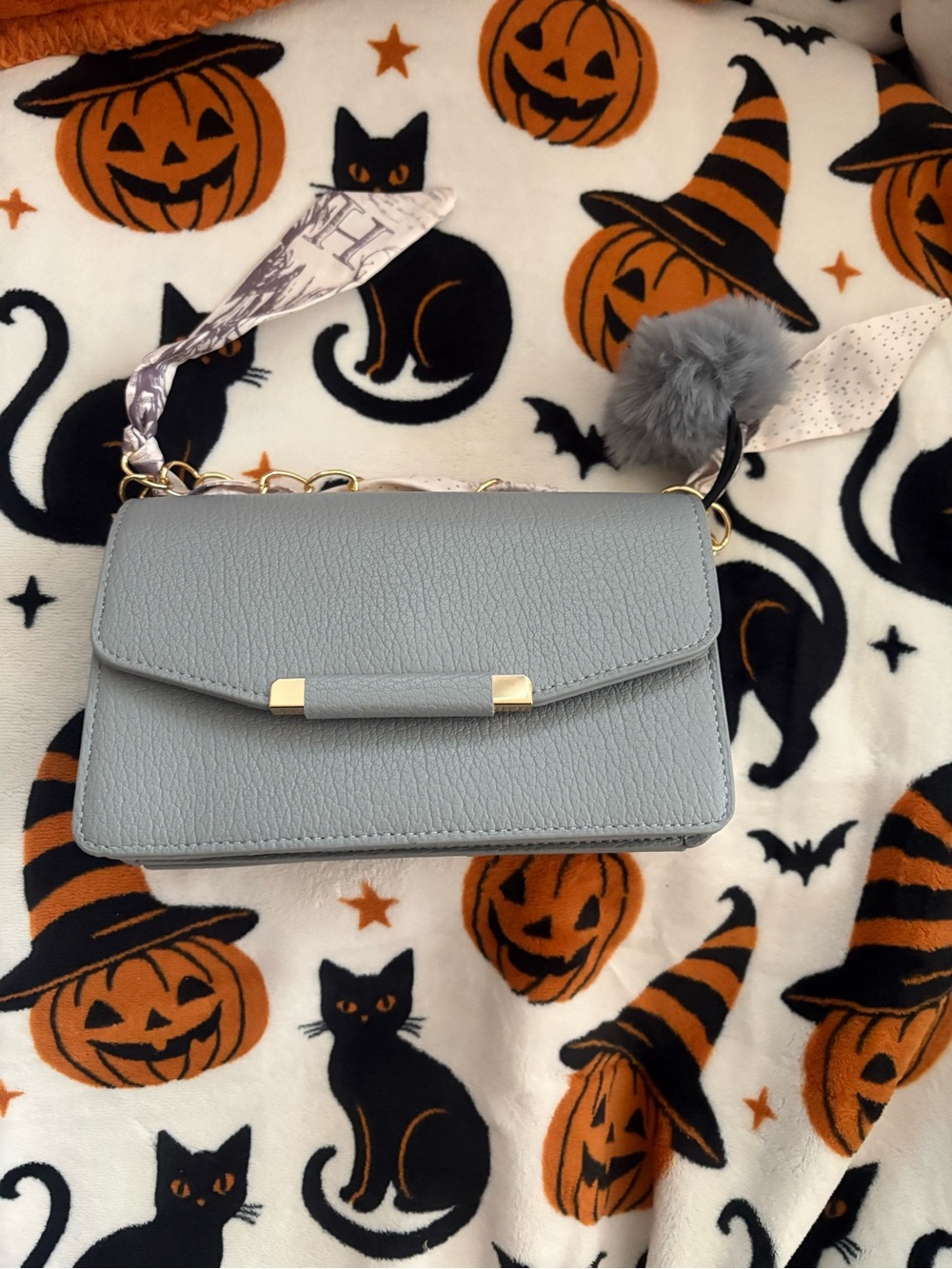 Gray Faux Leather Chain-Handle Crossbody Bag with Pom Charm